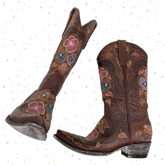 Old Gringo Pansy Western Boots Brown Leather Floral Embroidered Cowboy Size 8.5 - Picture 1 of 15
